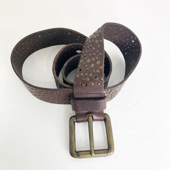 Brown leather, eyelet, studded, chunky hardware belt - Picture 7 of 7